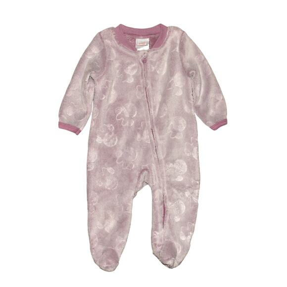 DISNEY BABY NEW $35 Plush Footed Sleeper Purple Minnie Mouse Zip Pajama 3-6M - Picture 1 of 3